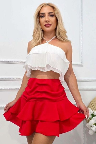 FashionForYou MELLO culotte skirt, flowy cut with ruffles and pleats, Red, Size S/M