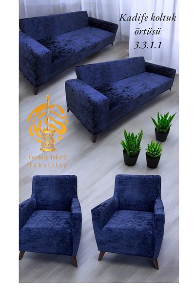 Tekstilsa Soft Washable Non-Stick Elastic Velvet Navy Blue Cover Sofa Cover Set Set of 43,3,1,1