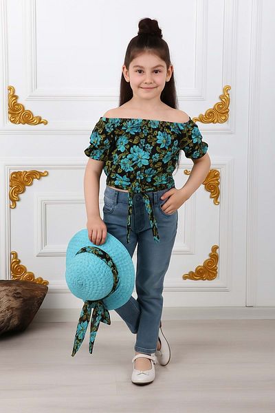 Mnk Baby&Kids Set de vară pentru fete, pălărie, pantaloni blugi, bluză M00731 Albastru