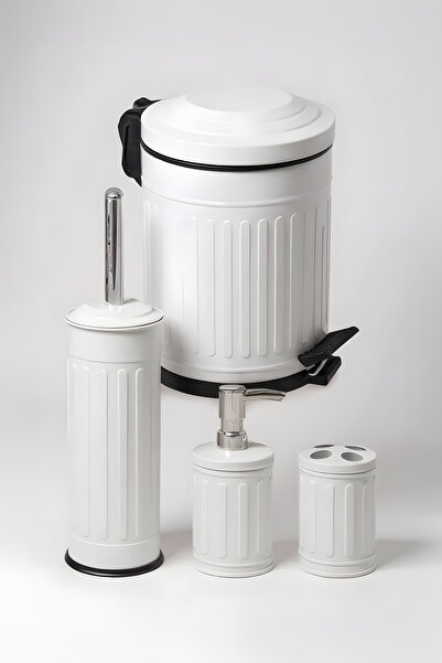 Eforeca Vintage 4 Lü Çöp Kovası Banyo Seti Çizgili Beyaz