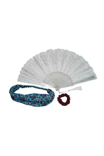 YELPAZE DÜNYASI Yelpaze Simli Beyaz & Bandana Seti