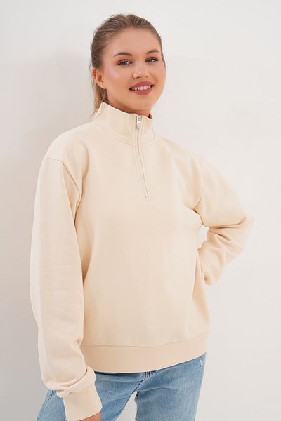 Basics&More Women's Ecru Half Zipper Fisherman Stand Collar Oversize Sweatshirt