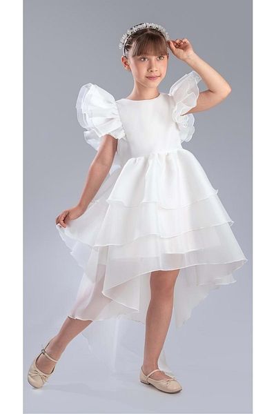 Mnk Baby&Kids Κοριτσίστικο βραδινό φόρεμα Vragia με ουρά και κορώνα M00745 ΛΕΥΚΟ