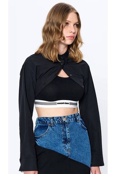 Quzu Asymmetrical Black Crop Shirt with Athlete Detail Inside