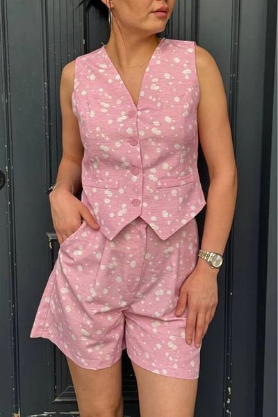Stil Sepeti Women's Pink V-Neck Patterned Vest Double Pleated Mini Shorts Set Tl-100058401