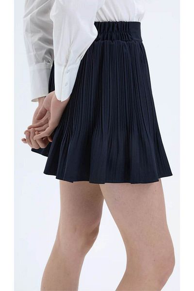 Quzu Navy Blue Mini Skirt with Pleat Detail and Elastic Waist