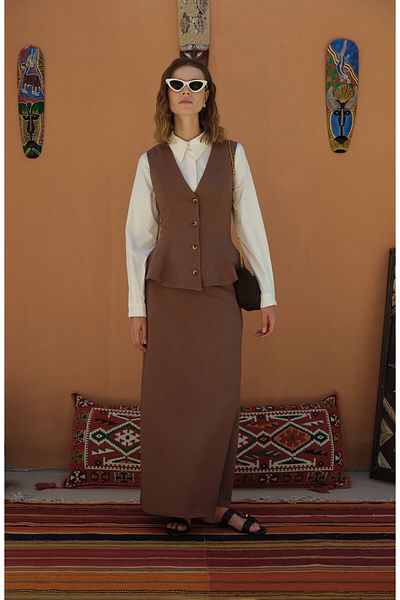 Fatma Atasoy Peplum Linen Brown Vest Skirt Suit