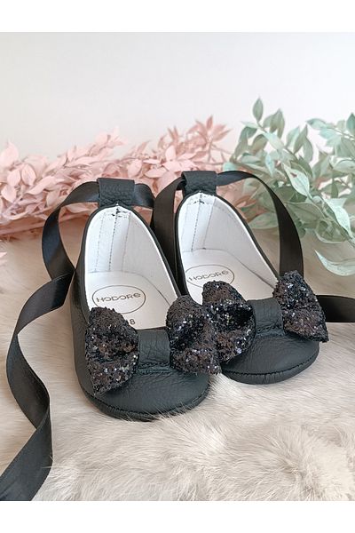 Hodore Perla Black Genuine Leather Baby Ballerina Shoes