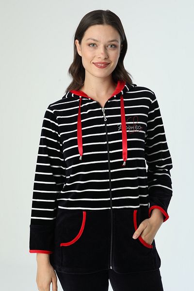 ROMEO LİFE Women's Striped Cotton Hooded Velvet Tracksuit Set 2008