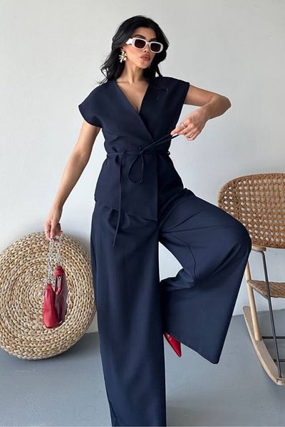 spirituel Women's Double Bottom Top Suit Lace-Up Loose Cut Flowy Summer Short Sleeve Kimono Jacket Palazzo Pants