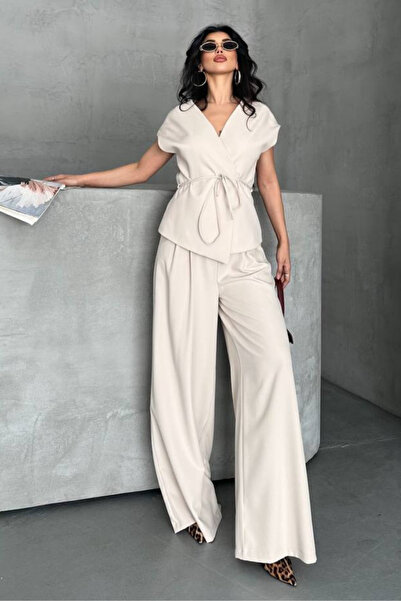 spirituel Women's Double Bottom Top Suit Lace-Up Loose Cut Flowy Summer Short Sleeve Kimono Jacket Palazzo Pants