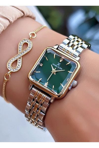 Daniel Klein Small Square New Season Green Dial Gold Color Women's Watch Bracelet Gift