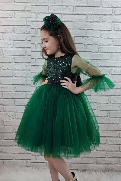 Mnk Κοριτσίστικο φόρεμα με παγιέτες τούλι 0285 Πράσινο