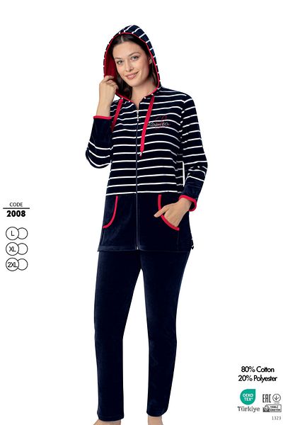 ROMEO LİFE Women's Striped Cotton Hooded Velvet Tracksuit Set 2008
