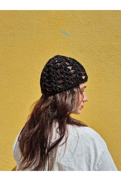 MELUSH Pălărie din croșetat din plasă cu paiete de culoare neagră, șapcă cu model, pălărie croșetată