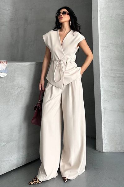 spirituel Women's Double Bottom Top Suit Lace-Up Loose Cut Flowy Summer Short Sleeve Kimono Jacket Palazzo Pants