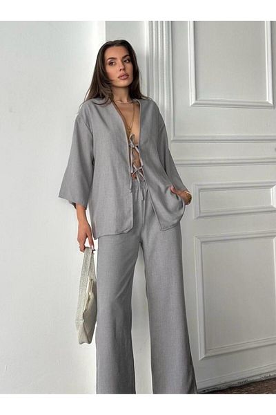 only moon Women's Clothing Sofia Linen Front Tie Bottom Top Set, Double Set