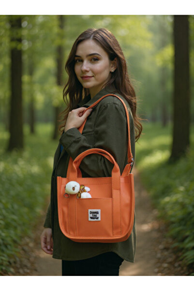 mefehe Turuncu Buzi Kumaş Ayıcıklı Kolon Askılı Çapraz El ve Omuz Çantası