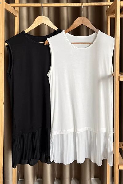 Modabenna Pleated Black Ecru 2-Piece Women's Hijab Shirt Pleated Pleated Tunic Underwear Zero Collar Sleeveless