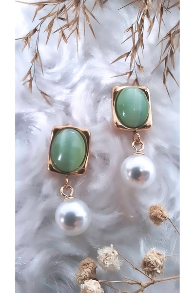 Serenity Opal Stone Square Figure Pearl Steel Earrings