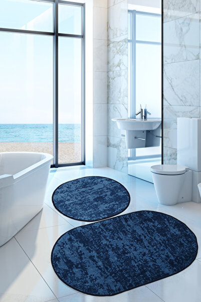Bestekar Σετ πατάκια μπάνιου Lunessa Navy Blue Oval με σκανδιναβικό σχέδιο, μαλακό, αντιολισθητικό, που πλένεται στο πλυντήριο, 2 τεμάχια