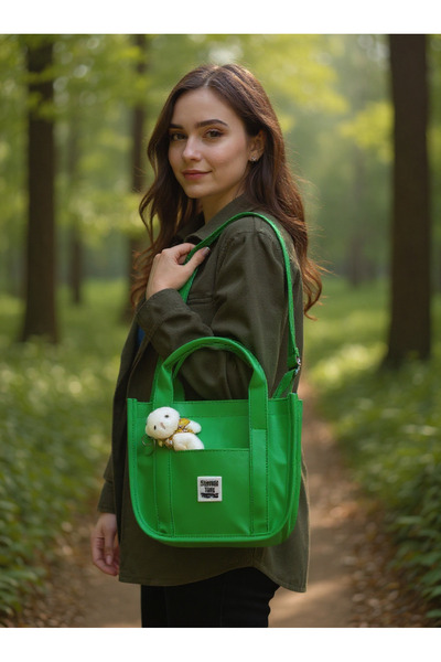 mefehe Yeşil Buzi Kumaş Ayıcıklı Kolon Askılı Çapraz El ve Omuz Çantası