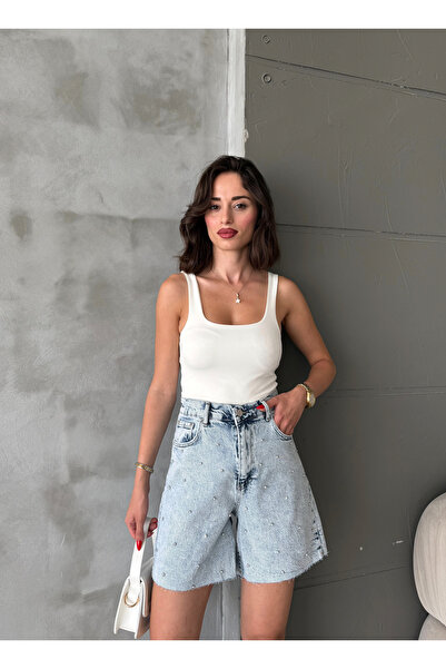 Bluezoni Kadın Taşlı Özel Tasarım Likralı Kot Şort