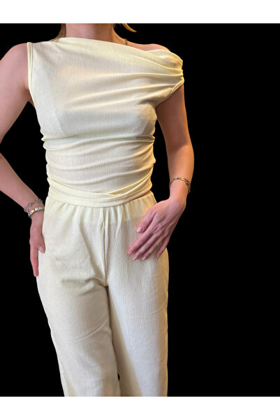 FEMMEA Yellow Boat Neck Blouse Pants Summer Suit