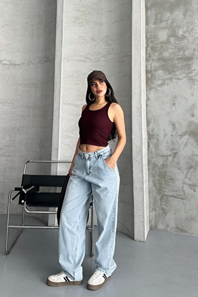 DESTEMODA Γυναικεία φαρδιά τσέπη στο πλάι και λεπτομέρεια ραφής στην πίσω τσέπη, κανονικό φαρδύ μπλε χρώμα 4008