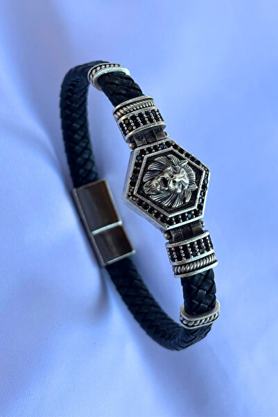 Begondio Genuine Leather Men's Bracelet Made with Lion Hexagon Zircon Stone H...