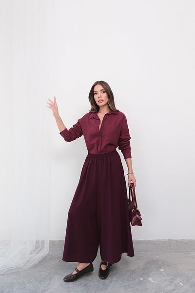 Hatun Atila Wide Cut Double Crepe Trouser Skirt with Elastic Waist - Burgundy