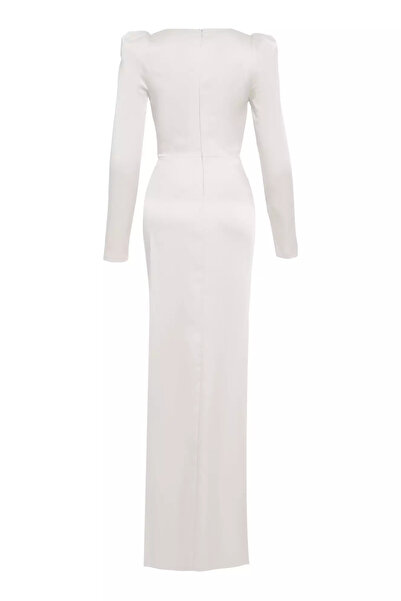 Keikei Beyaz saten uzun kol uzun elbise