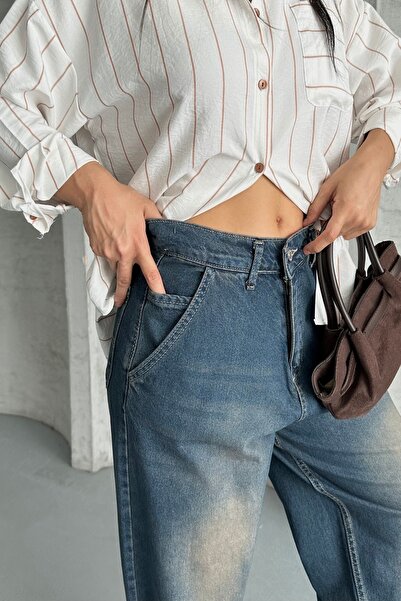 DESTEMODA Γυναικεία φαρδιά τσέπη στο πλάι και λεπτομέρεια ραφής στην πίσω τσέπη, κανονική φαρδιά τσέπη με σκούρο μπλε εφέ 4008