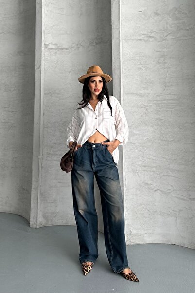 DESTEMODA Γυναικεία φαρδιά τσέπη στο πλάι και λεπτομέρεια ραφής στην πίσω τσέπη, κανονική φαρδιά τσέπη με σκούρο μπλε εφέ 4008