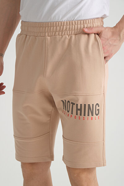 Shooter Sportswear Premium ανδρικό σορτς μπεζ με λεπτομέρεια τσέπης με φερμουάρ Λεπτομερής κανονική εφαρμογή