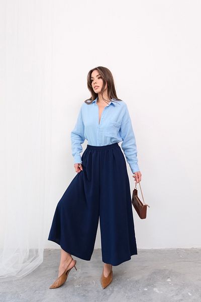Hatun Atila Wide Cut Flared Double Crepe Trouser Skirt with Elastic Waist 5187 - Navy Blue
