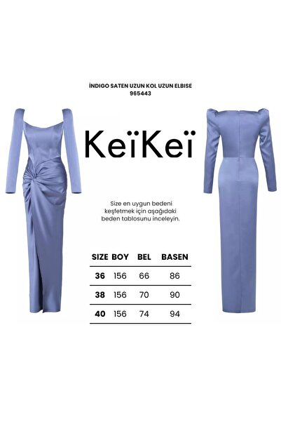 Keikei İndigo saten uzun kol uzun elbise