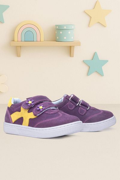 Rakerplus Genuine Leather Purple Yellow Velcro Flower Detailed Girls' Casual Shoes