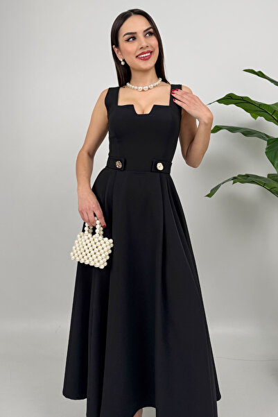 Dolcha Rosélia Kadın Siyah Düğmeli Midi Elbise – Zarif Davet ve Günlük Şıklık