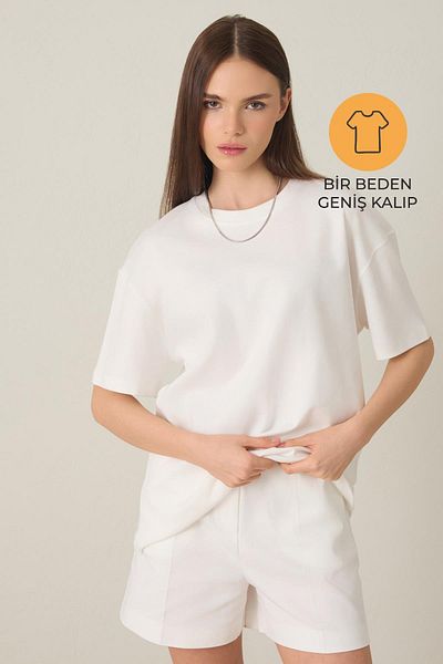 Setre Ecru 100% Cotton Crew Neck Basic Short Sleeve Oversize T-Shirt