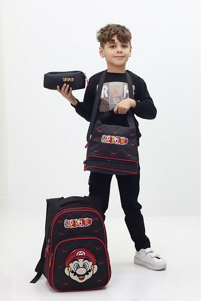 Weynes Black Mario Boy's 3-Piece Set Thermal Fed Pen Holder Primary School Bag Wsb5034