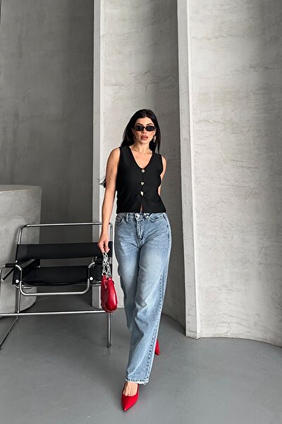 DESTEMODA Blugi Palazzo pentru femei, cu detaliu de buzunar din spate, spălat...