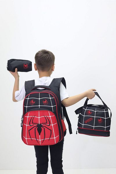 Weynes Black Spider Boy 3-Piece Set Thermal Feeding Pen Holder Primary School Bag Wsb5034