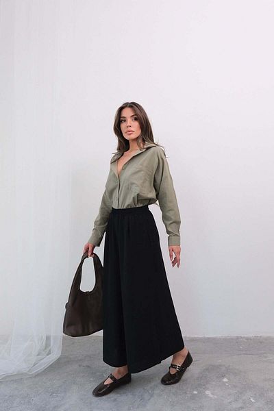 Hatun Atila Wide Cut Flared Double Crepe Trouser Skirt with Elastic Waist - Black