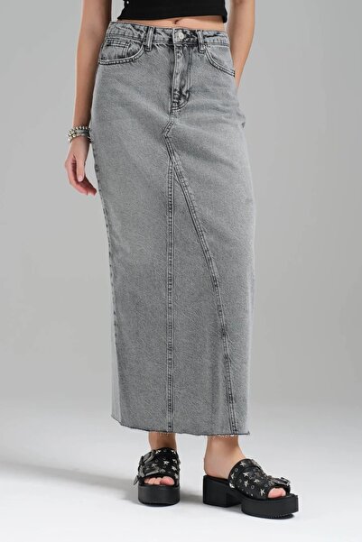 tw3 Γυναικεία φούστα τζιν σε γκρι χρώμα τύπου A, 100% βαμβακερή