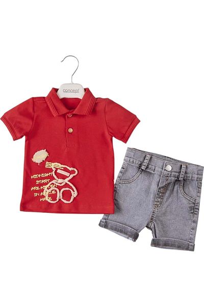 Babexi Embroidered Pique Tshirt Jeans Shorts Set Red