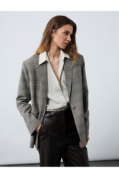 Koton Double Breasted Pocket Long Sleeve Plaid Oversize Blazer Jacket