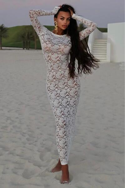 Bikini Mayokini Dünyası Δαντελένιο Μακρυμάνικο Φόρεμα - Λευκό