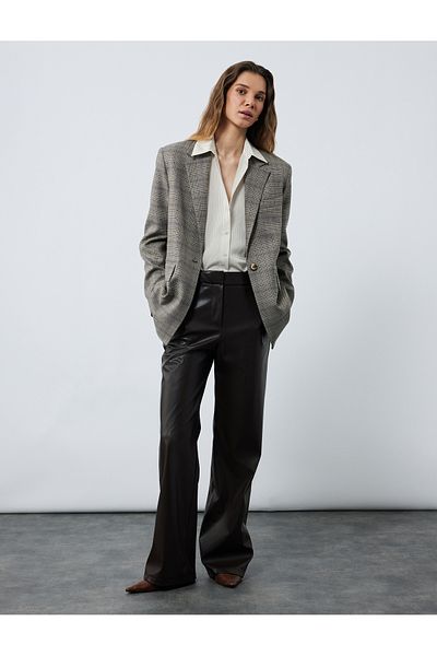 Koton Double Breasted Pocket Long Sleeve Plaid Oversize Blazer Jacket