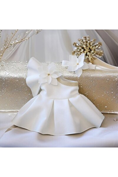DOLCE KİDS Kız Çocuk Beyaz Çiçekli Elbise Tek Omuz + saç bandı
